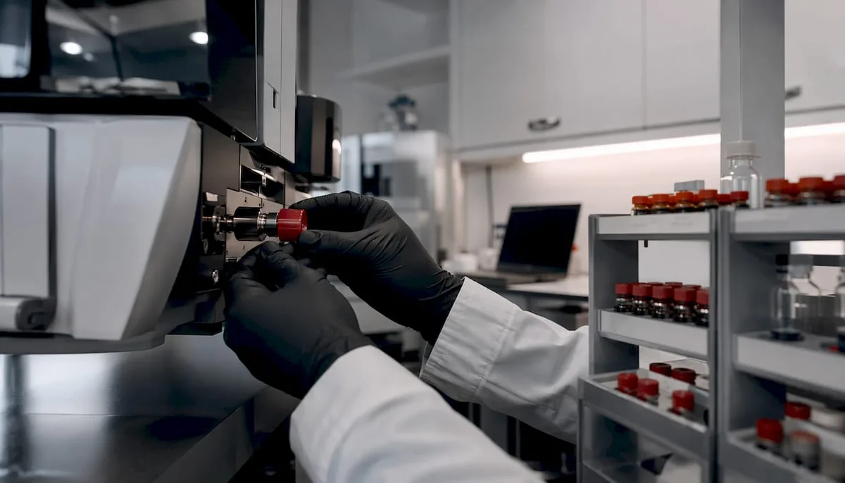 Hands calibrating lab instrument with certified reference material