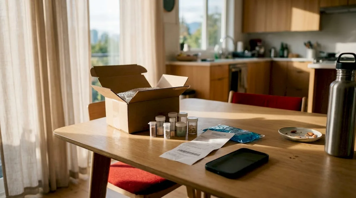 Overhead view of 7OH products on office desk