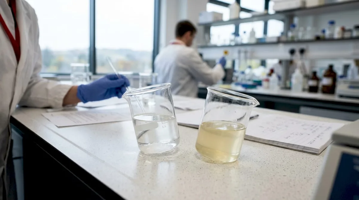 Two beakers showing 7OH and related alkaloid solutions