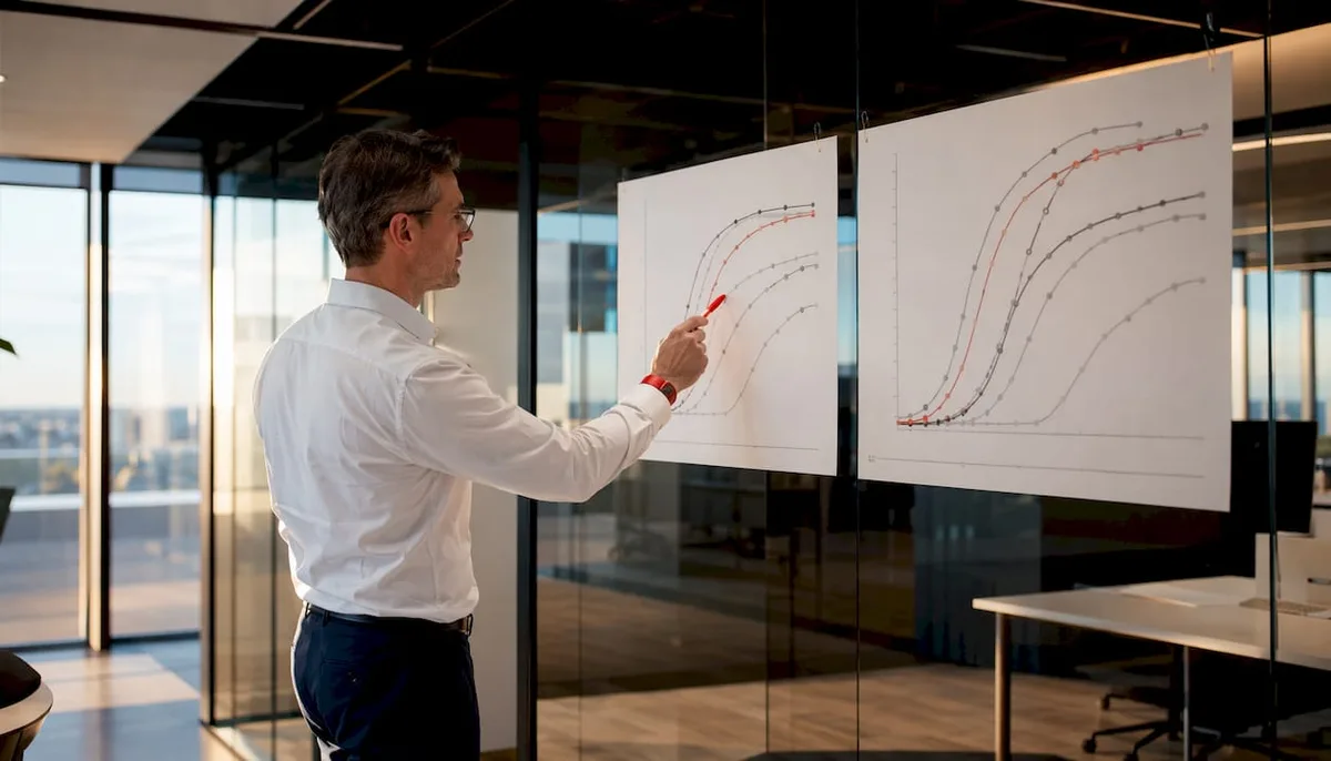 Scientist analyzing binding assay charts