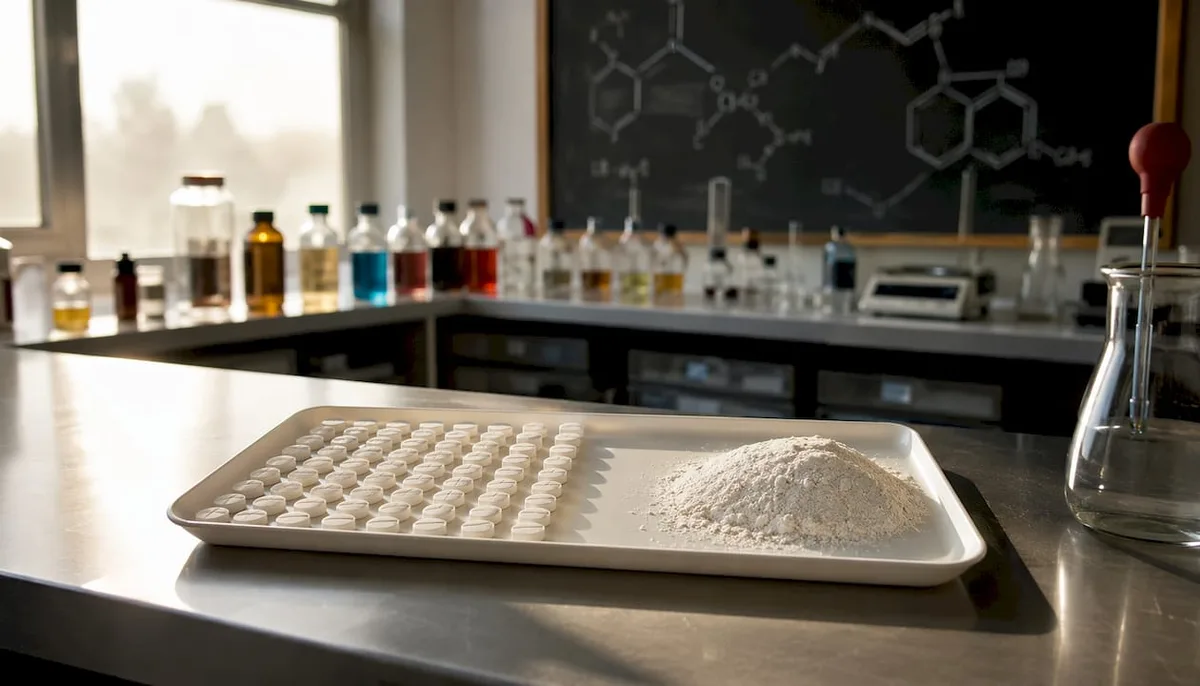 Close-up of 7OH tablets and powder on lab tray