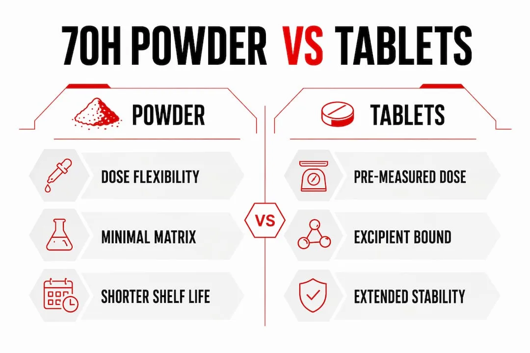 Infographic comparing 7OH powder and tablets