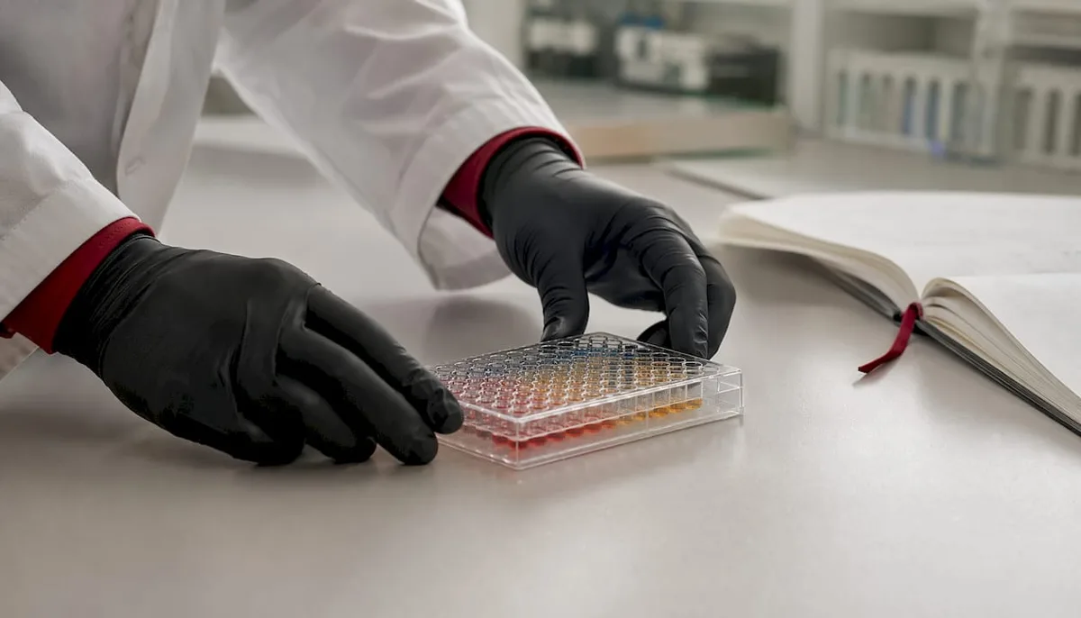 Hands holding microplate assay wells