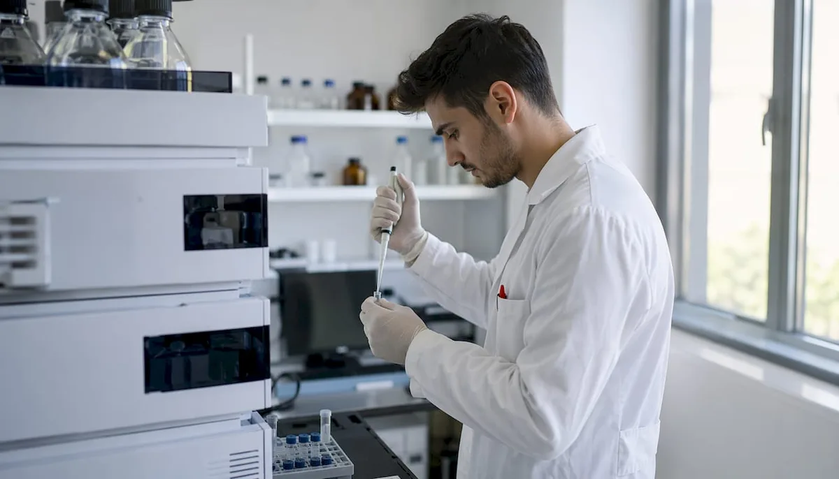 Hands using micropipette for MGM-15 purity testing