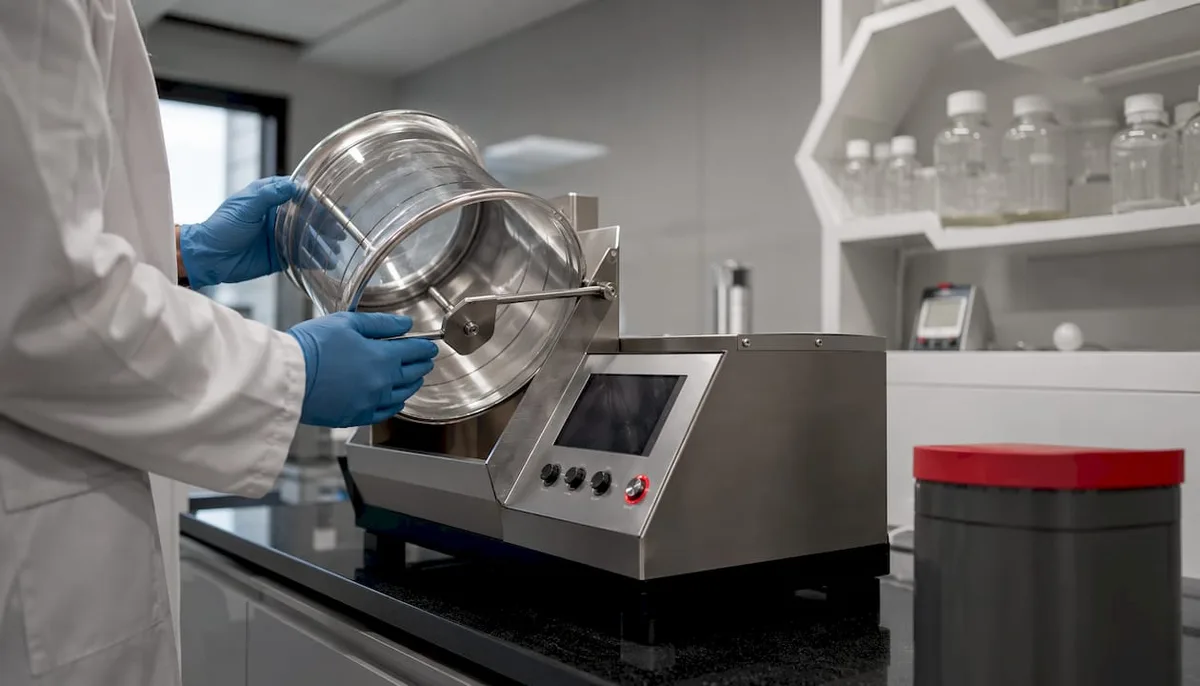 Close-up of friability testing drum in lab