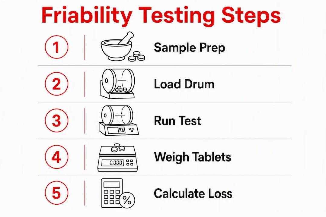 Infographic outlining friability testing protocol steps