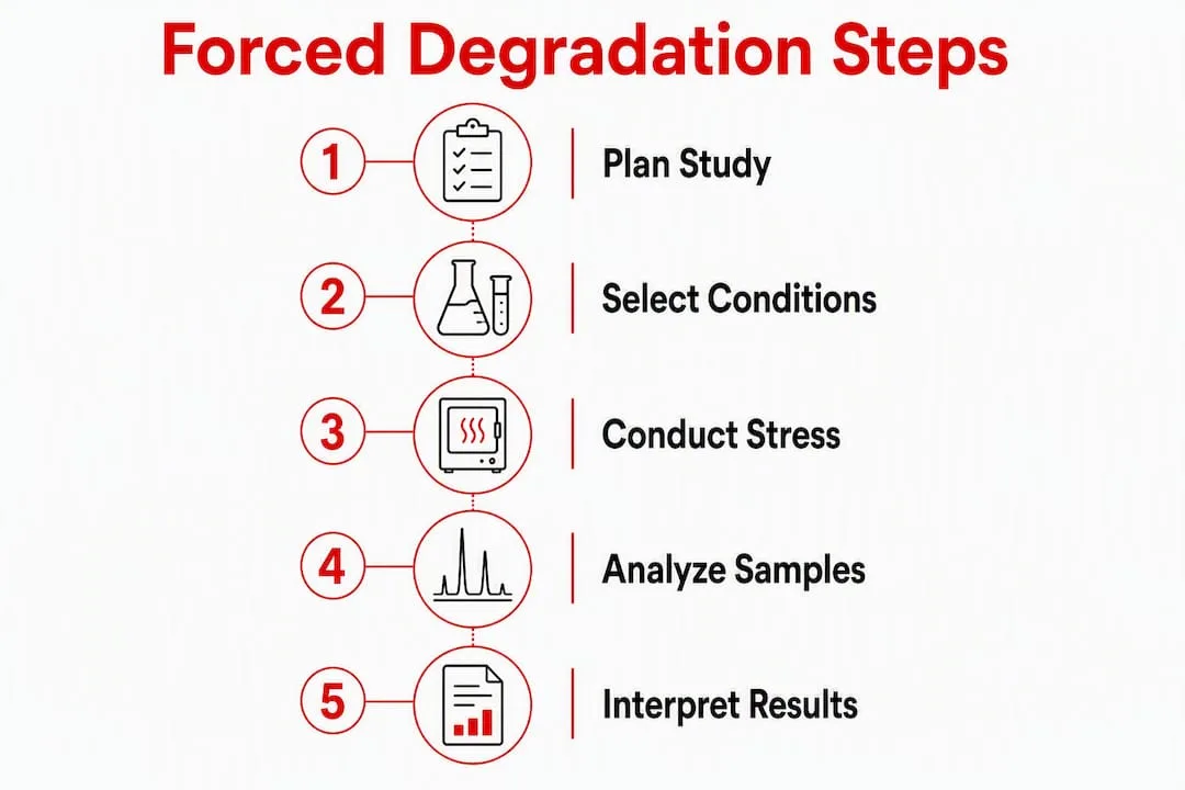 Infographic showing steps in forced degradation studies