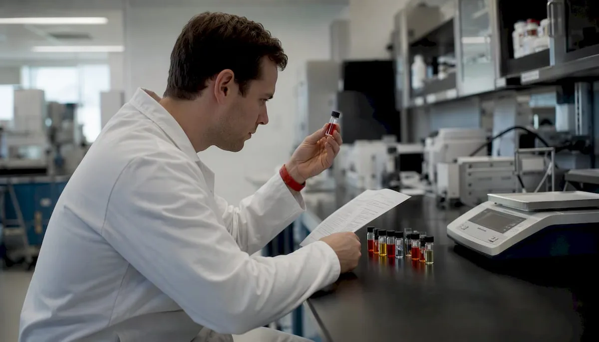 Chemist inspecting research chemical vial in lab