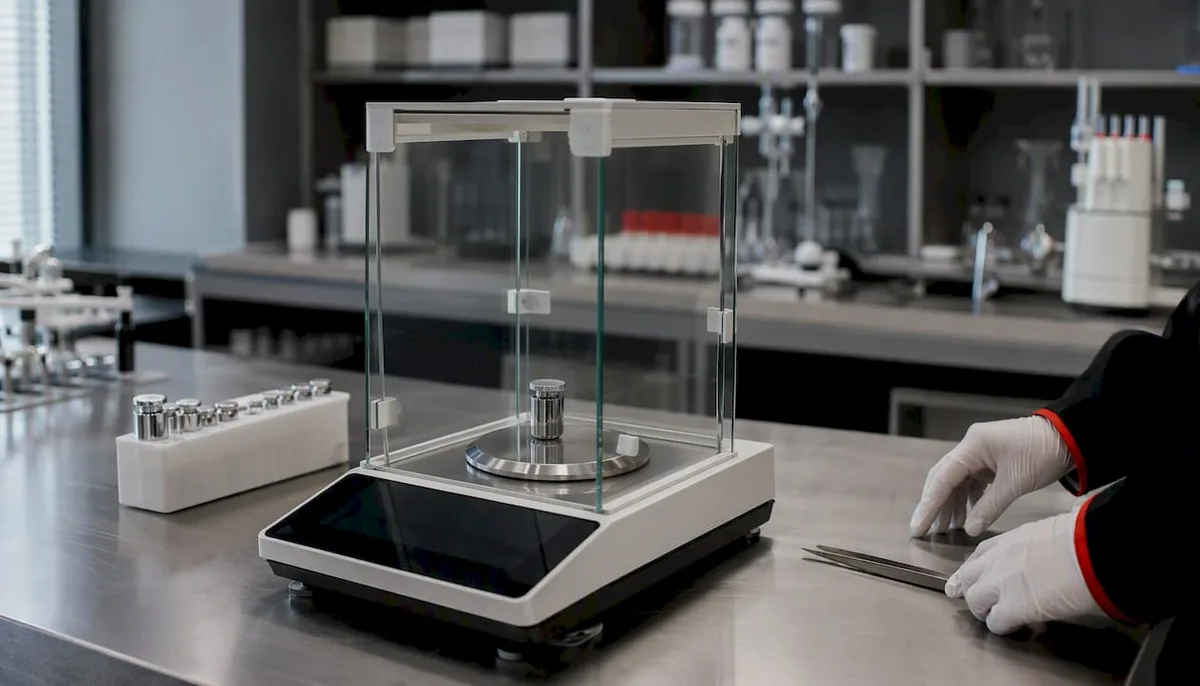 Close-up of test weight on balance pan edge for eccentricity test