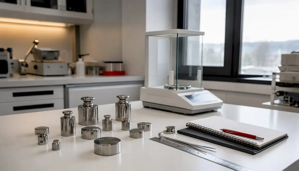 NIST test weights beside analytical balance pan
