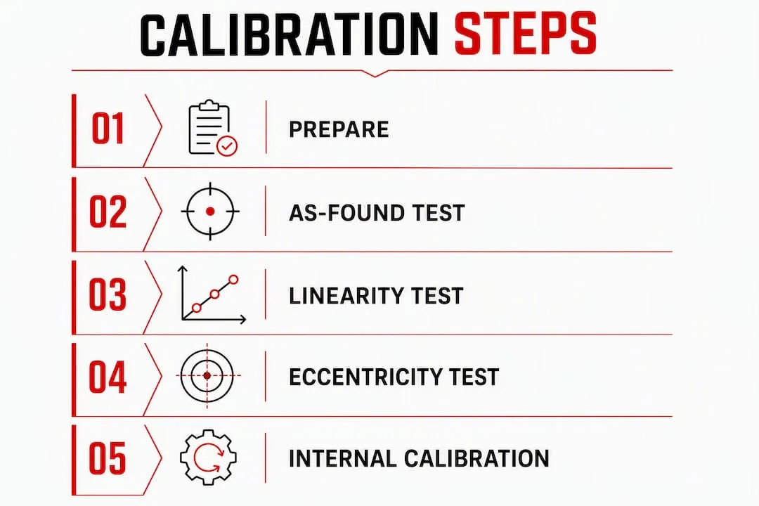 Infographic illustrating analytical balance calibration steps