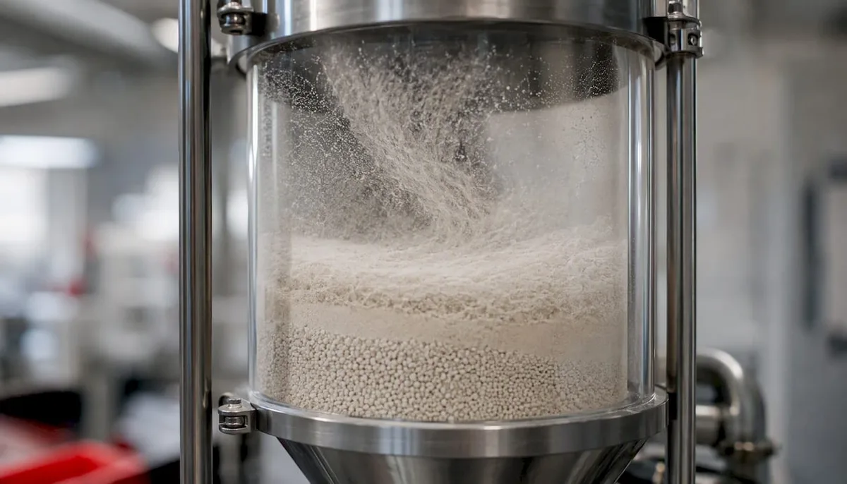 Close-up of powder segregation inside tablet hopper