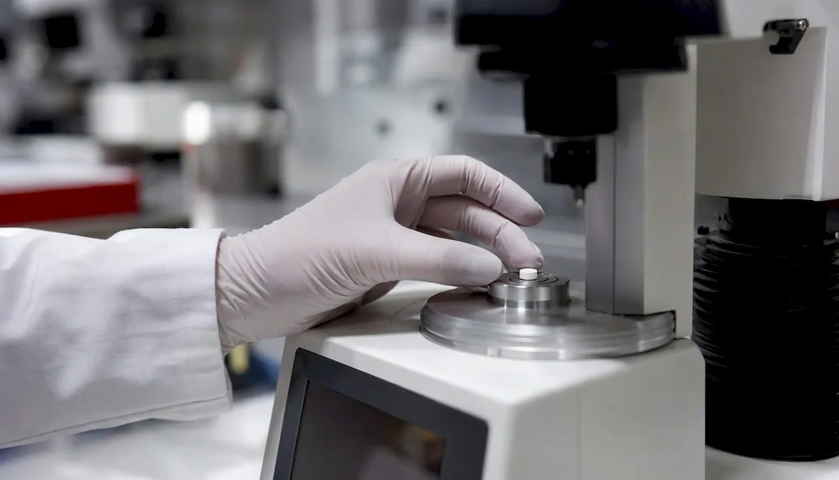 Hand placing research tablet on hardness tester